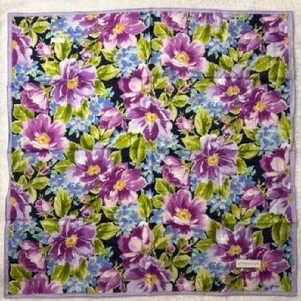Vtg GIVENCHY Scarf Handkerchief Floral Cotton Purple Blue 18.5"
